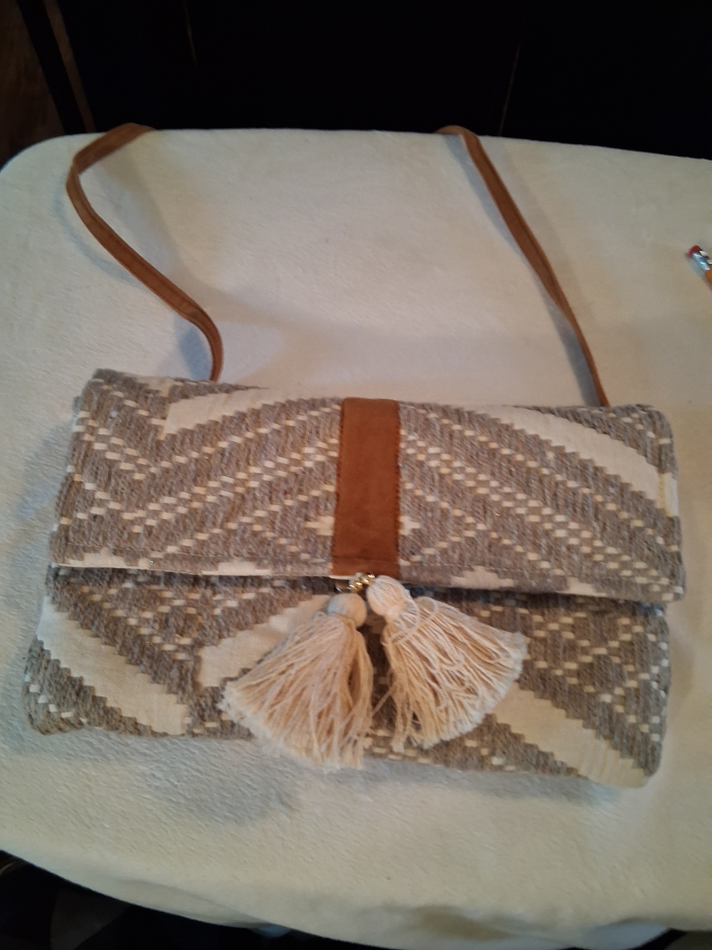 Neutral Woven Tassel Crossbody Bag with Tan Strap